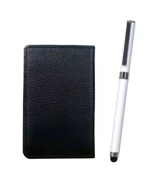 Черный зернистый держатель для визиток из коровьей кожи с сенсорным экраном для смартфона и металлической шариковой ручкой с колпачком, дополнительный набор (белый) MEIB-QSJW700-W