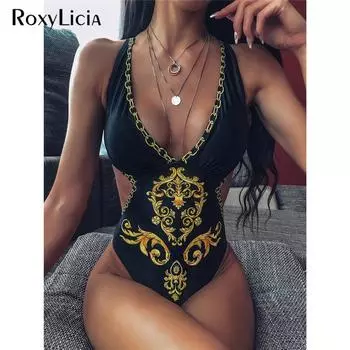 Черный женский купальник с v-образным вырезом, цельный купальник, женский купальный костюм с принтом, купальный костюм с перекрестной спинкой, боди для женщин S чёрный