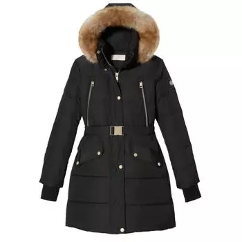 Черный женский пуховик длиной 3/4 с поясом из искусственного меха MICHAEL KORS