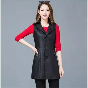 Черный жилет из искусственной кожи, женский жилет, длинный костюм, жилет без рукавов, женский кардиган, жилет, пальто, черная верхняя одежда M