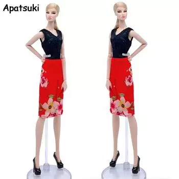 Черный жилет, красное платье с цветочным принтом, модная кукольная одежда для кукол Барби, наряды, короткие платья, вечерние платья, аксессуары для кукол 1/6, детские игрушки чёрный