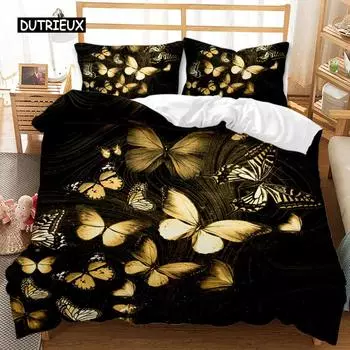 Черный Золотой Бабочка Пододеяльник Комплект Милый Синий Бабочка Постельное белье Женский Насекомое Полиэстер Одеяло Чехол Для Девочек Декор EU single(135x200cm)