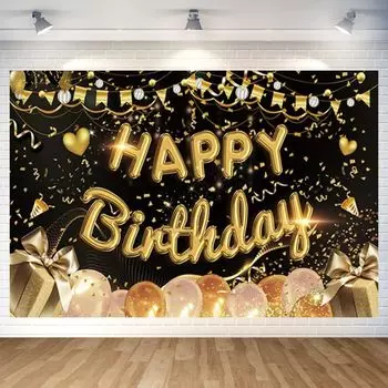 Черный золотой гобелен на день рождения Черный золотой гобелен на день рождения Стильный настенный фон для фото на день рождения Черный золотой С Днем Рождения