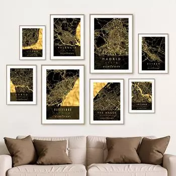 Черный, золотой, Испания, Нидерланды, карта, украшение для гостиной, плакаты и принты, настенная живопись на холсте, настенные картины для дома, клуб A4 21X30cm No Framed