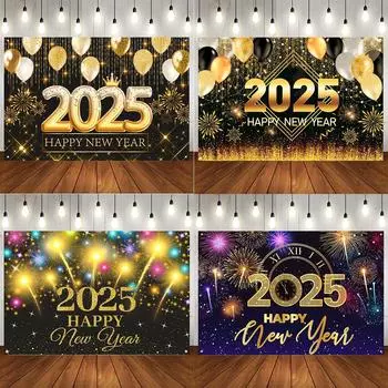 Черный Золотой Новогодний Фон Баннер 2025 С Новым Годом Рождественская Вечеринка Фон Украшения Подарки Новогодние Товары для Вечеринки