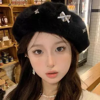 Черный золотой плюшевый берет для детей, осень и зима, восьмиугольная шляпа художника с бантом, показывающая маленькое лицо и большую окружность головы M54-58cm белый