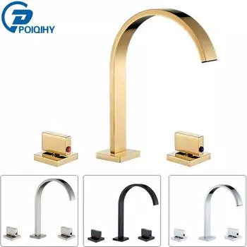 Черный золотой смеситель для раковины в ванной комнате, смеситель для горячей и холодной воды, широко распространенные двухрычажные смесители, смесители для ванны, крепление на палубе