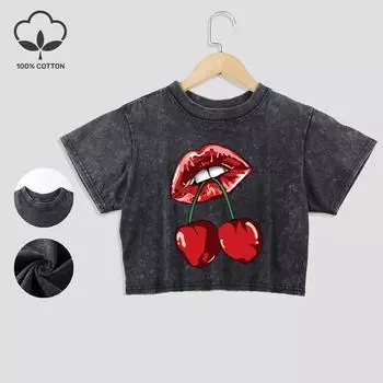 Cherries In The Mouth Printing Cotton Washed T-Shirts Fashion Lace Hem Crop Tees Distressed O-Neck Tops Casual Clothes M