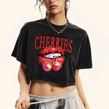 Cherries On The Lips Printing Female Washed Slim Tee Shirt Retro Casual Crop Top Cotton Clothes Fashion Streetwear M