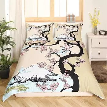 Cherry Blossom Bedding Set Flower Branch Duvet Cover Japanese Style Botanical Landscape Paintings Comforter Cover Bedroom Decor EU single(135x200cm)