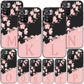 Cherry Blossom Pink Letter Case for Xiaomi Redmi Note 9S 9 8 10 11 Pro 9C 9A 7 8T 7A 8A 10S 11T 11E 9T Black Soft Phone Cover Redmi Note 11