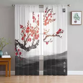 Cherry Blossom Tree Flower Painting Chinese Style Sheer Curtains for Living Room Window Curtains Kitchen Tulle Voile Curtains W135 x H115cm x1