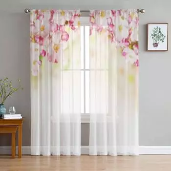 Cherry Blossoms Over Blurred Nature Flower Tulle Sheer Curtains for Living Room Kitchen Decoration Voile Organza Curtains 135W x 114H(cm)