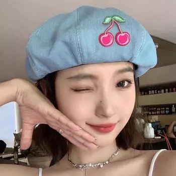 Cherry cowboy beret women s spring and summer face small versatile bud painter hat big head circumference hat One Size (Adjustable)