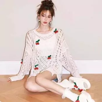 Cherry Crochet Pullovers Crew-neck Sweater Women Sweet Fashion Hollow Knitwear Top Spring/Fall абрикосовый