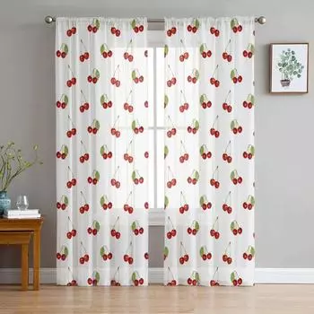 Cherry Fruit Retro Sheer Curtains for Bedroom Living Room Decoration Window Curtain for Kitchen Tulle Voile Organza Drapes W135 x H115cm x1&Rod Pocket