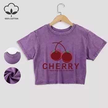 Cherry Illustration Cotton Crop Tees All-Math Summer Lace Hem Washed T-Shirts Regular Fit O-Neck Short Sleeve Casual Clothes M