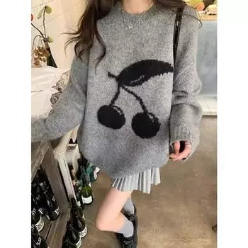 Вязаный свитер Cherry с мультяшной графикой, милый женский пуловер 2024 года, одежда y2k, fairycore 2000-х годов, кавайный гранж, корейский, осенне-зимний топ S чёрный