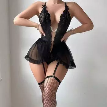 Cherry соблазнительная одежда сексуальное нижнее белье сексуальная перспектива кружевная сетка сексуальная юбка на подтяжках молочный стразы комбинезон S
