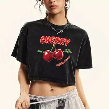 Cherry Sweet 100% Natural Printed Womens Washed T-Shirts Fashion O-Neck T-Shirt Comfortable Clothing Slim Cotton T Shirt Female M
