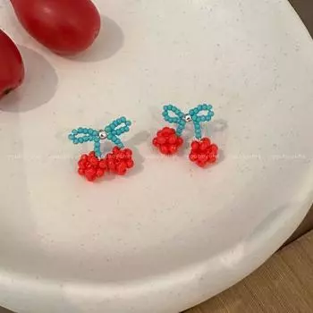 Cherry Sweetheart ~ Summer Dopamine Beaded Cherry Earrings Female Sweet Beautiful Earrings Special-Interest Design Ear Rings Cherry Earrings-Silver Pins