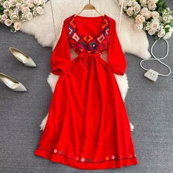 Чешское платье трапециевидной формы с квадратным вырезом на талии и вышивкой на берегу моря One Size синий