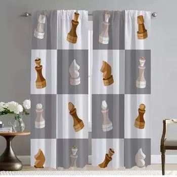 Chess Home Interior Curtains 2 Pieces Modern Living Room Curtains for Camera Tulle for Bedroom Window Curtain Shades Partition W50xH70cmx2pcs-CL