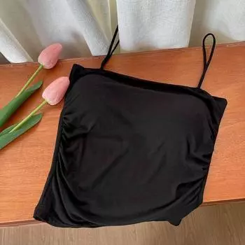 Укороченный топ с подкладкой на груди, однотонный топ-топ с бретельками через шею, женский летний топ с открытой спиной, повседневный топ-труба, женский укороченный жилет без рукавов One Size чёрный