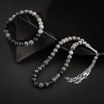 Четки из серого яшмы-снежного обсидиана из натурального камня, браслет, набор
