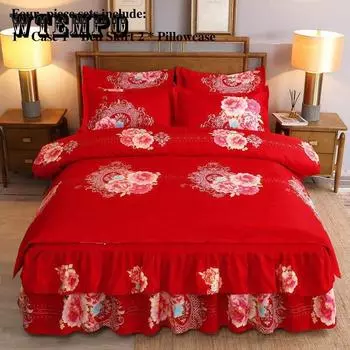 Четыре комплекта больших красных юбок для кроватей, двойная противоскользящая кровать, покрывало для односпальной кровати, принадлежности для свадебной кровати King