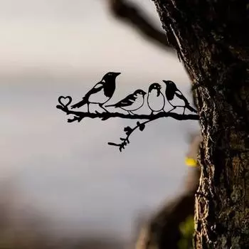 Четыре птицы на ветке, силуэт из стали, настенное искусство из металла для дома, сада, двора и патио. Идеальное украшение для уличной статуи бежевый