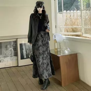 Четыре сезона можно носить ретро модную юбку миди с принтом тай-дай для женщин с китайским жаккардовым темпераментом, высокой талией для похудения и облегающей бедра юбкой S