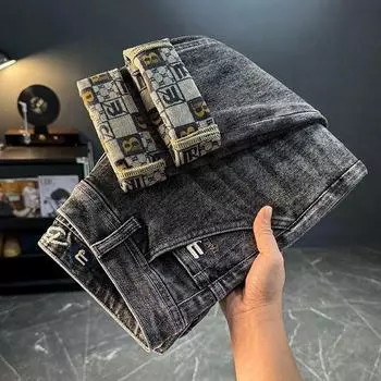 Четыре сезона Мужские модные брендовые вышитые жаккардовые джинсы Мужские корейские версии модные универсальные укороченные брюки 28