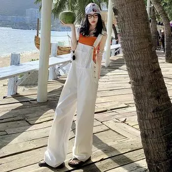 Четыре сезона Носимые женские американские повседневные чистые джинсовые комбинезоны, уменьшающие старение, универсальные прямые широкие брюки до пола XS белый