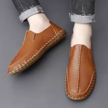 Четыре сезона Новые рукава Одна педаль Ленивые туфли Большие размеры Модные мужские повседневные кожаные туфли Уличные туфли на плоской подошве 38