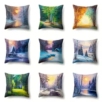 Четыре сезона пейзаж лес дерево озеро снег Чехлы для подушек для дома, гостиной, дивана, спальни, украшения, наволочка 40X40CM