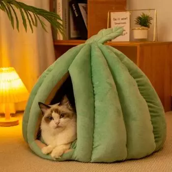 Четыре сезона Универсальное теплое полузакрытое гнездо для кошек из тыквы Съемное и моющееся плюшевое гнездо для домашних животных S зелёный