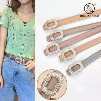 Четыре сезона в наличии новый женский ремень с круглой пряжкой Pearl Water Diamond, декоративный ремень, универсальный пояс из натуральной кожи с гладкой пряжкой 105cm