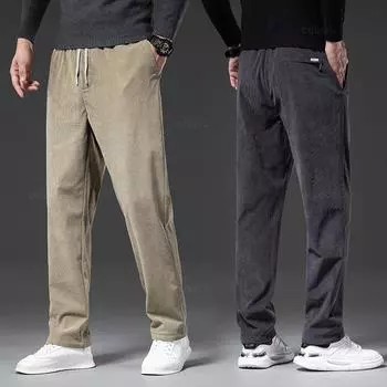 Четыре сезона вельветовые брюки мужские с завязками на резинке на талии деловые свободные прямые корейские повседневные брюки мужские большие размеры M-5XL M чёрный