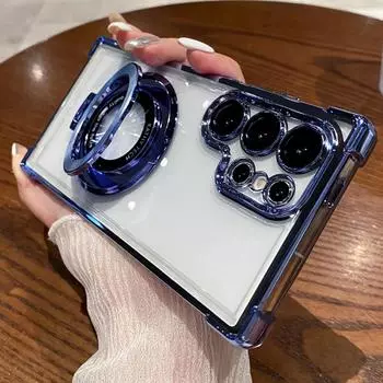 Четыре угла воздушная подушка анти-падение прозрачный гальванизированный магнитный стенд защитный чехол для Samsung Galaxy S23 S22 S24 Ultra For SamsungS22 чёрный