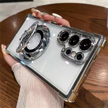 Четыре угла воздушная подушка анти-падение прозрачный гальванизированный магнитный стенд защитный чехол для Samsung Galaxy S24 S23 S22 Ultra Samsung S24 Ultra чёрный