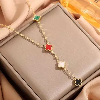 Четырехцветная цепочка на ключицу из титановой стали с четырьмя листочками клевера, модное универсальное темпераментное ожерелье с бахромой, простая легкая роскошная цепочка на шею