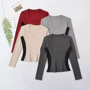 Четырехцветная осенняя женская одежда, новый стиль, сшитая маленькая круглая горловина, базовая рубашка, контрастный цвет, верх, обтягивающая футболка S светло-серый
