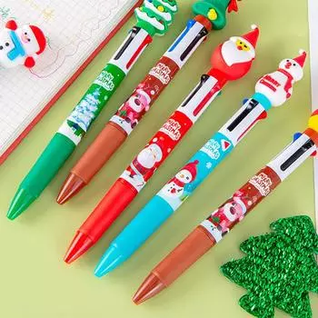 Четырехцветные шариковые ручки Мультяшные милые рождественские шариковые ручки Многоцветные нажимные нейтральные ручки Школьные принадлежности