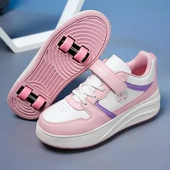 Четырехколесные спортивные роликовые коньки для мальчиков и девочек, можно снять студенческую обувь для скейтбординга, спортивную обувь 29 белый/розовый