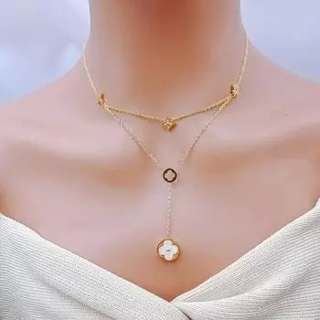 Четырехлистный клевер, ракушка, цветок, двухслойная цепочка на ключицу, выдолбленное ожерелье с кисточкой из титановой стали, темпераментный подарок для девушки