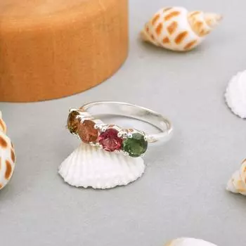 Четырехместное кольцо из стерлингового серебра 925 пробы с натуральным мультитурмалином, размер 9, подарочное кольцо США 9 US
