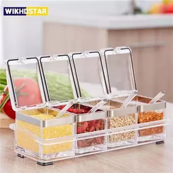 Четырехсекционная прозрачная коробка для приправ, хрустальный контейнер для хранения с ложкой, крышкой и основанием для хранения, используется для соли, сахара и перца чистый