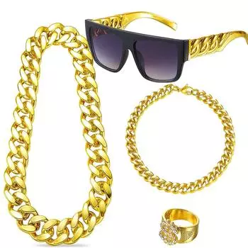 Четырехсекционный комплект из ожерелья-цепочки в стиле хип-хоп-панк из сплава с очками и браслетом золотой