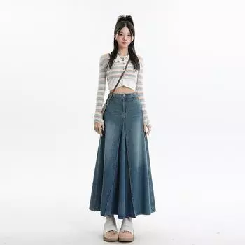 Четырехсезонная женская нежная ретро-юбка с высокой талией, стираная, пэчворк, А-силуэт, средней длины, узкая и универсальная джинсовая юбка XS